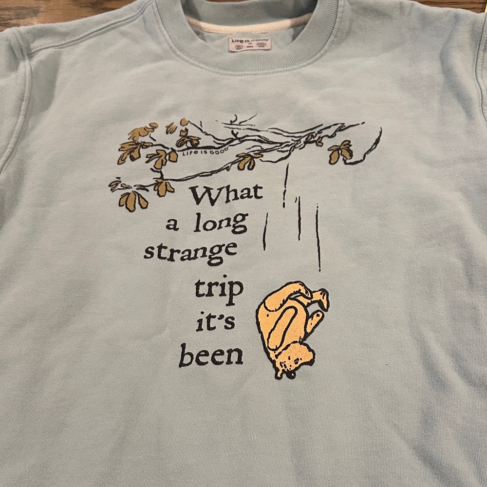 Life Is Good Light Blue Sweatshirt with Bear and Quote